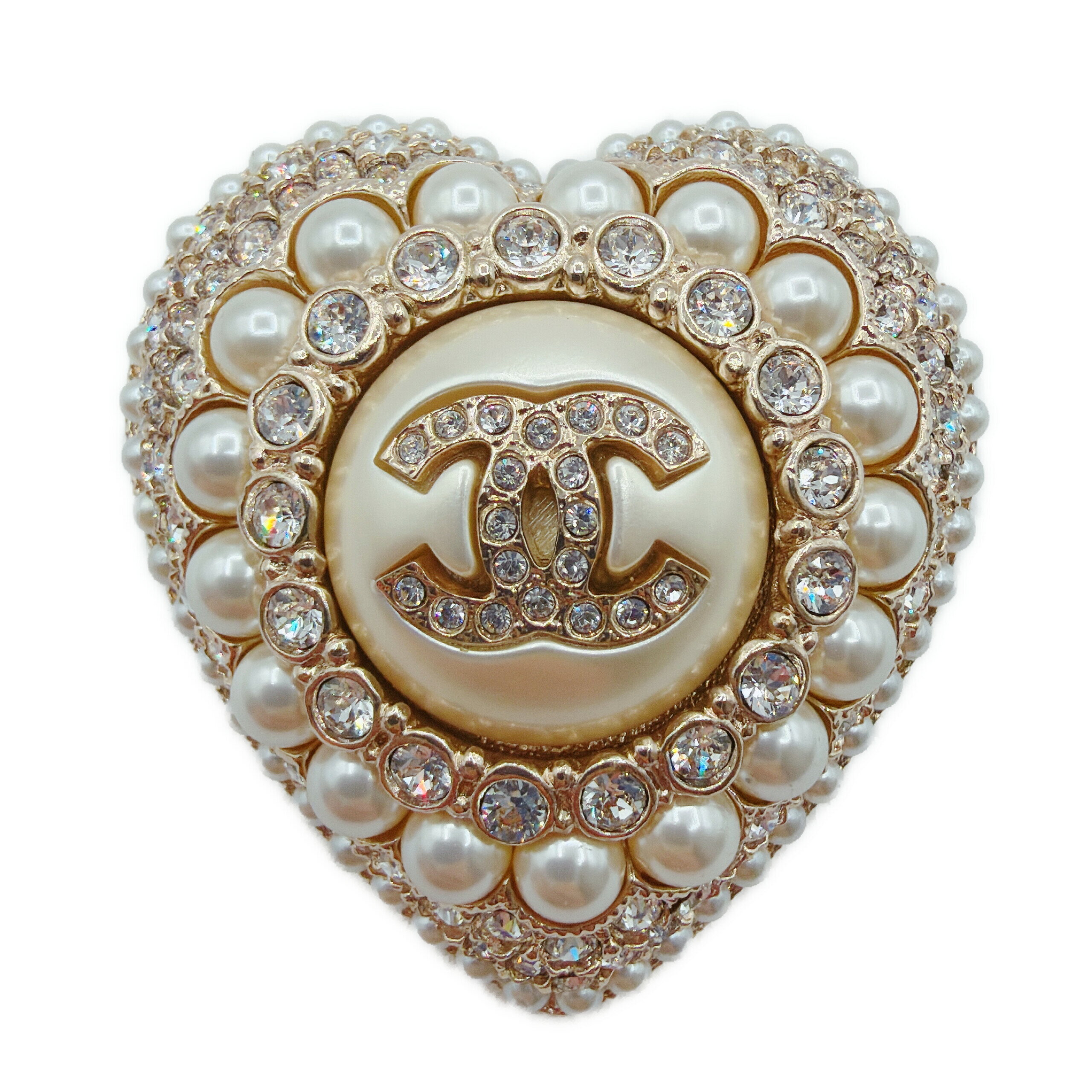シャネル ハート フェイクパール ラインストーン ブローチ メタル ゴールド金具 AB9393 L22B 新品同様 CHANEL レディース アクセサリー