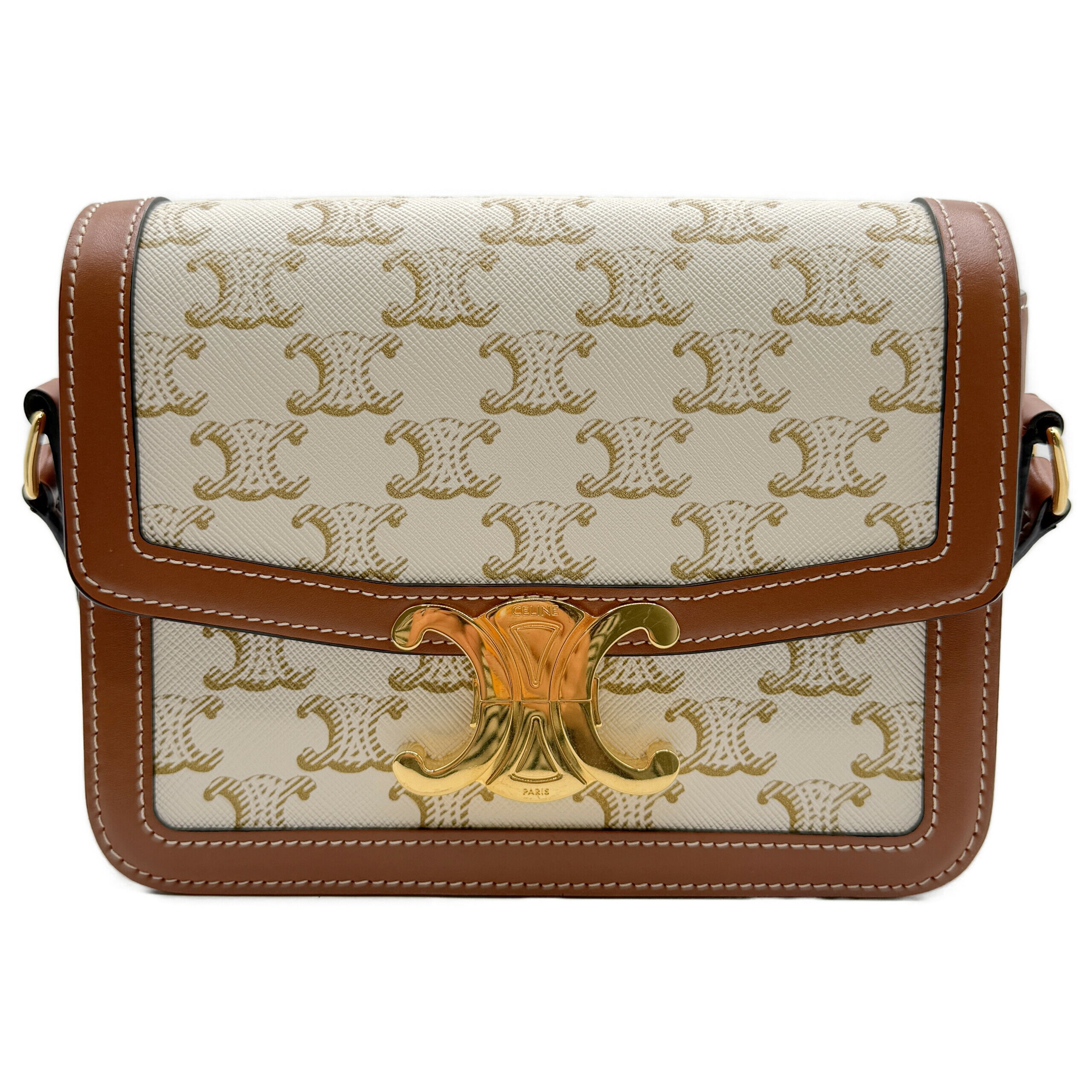 CELINE - セリーヌ ティーン トリオンフ ショルダーバッグ ホワイト/ブラウン レザー/PVC ゴールド金具 中古A 188882BZ4 CELINE レディース バッグ