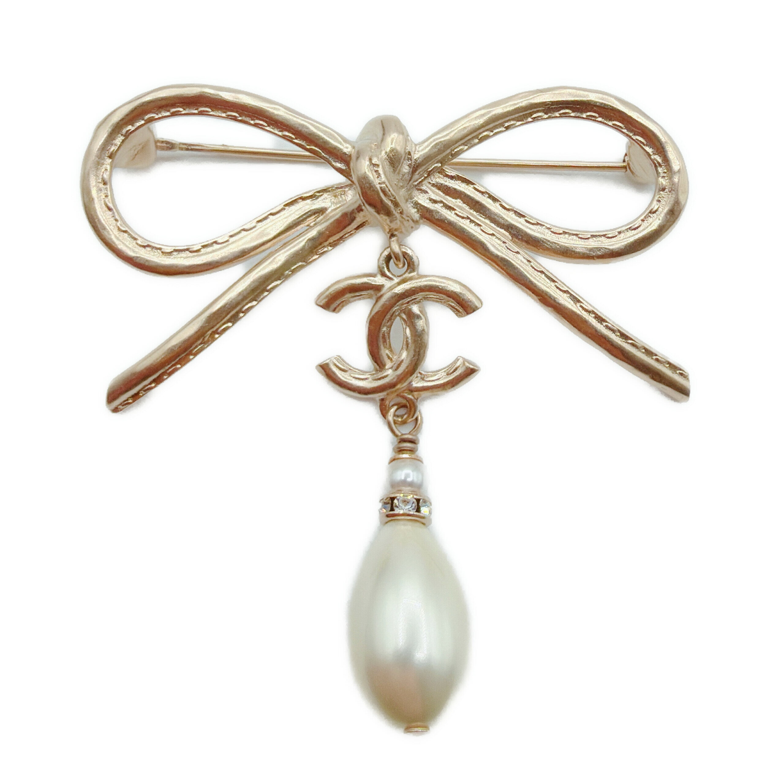 シャネル ココマーク フェイクパール ラインストーン リボン ブローチ メタル ゴールド金具 AB8392 A22..