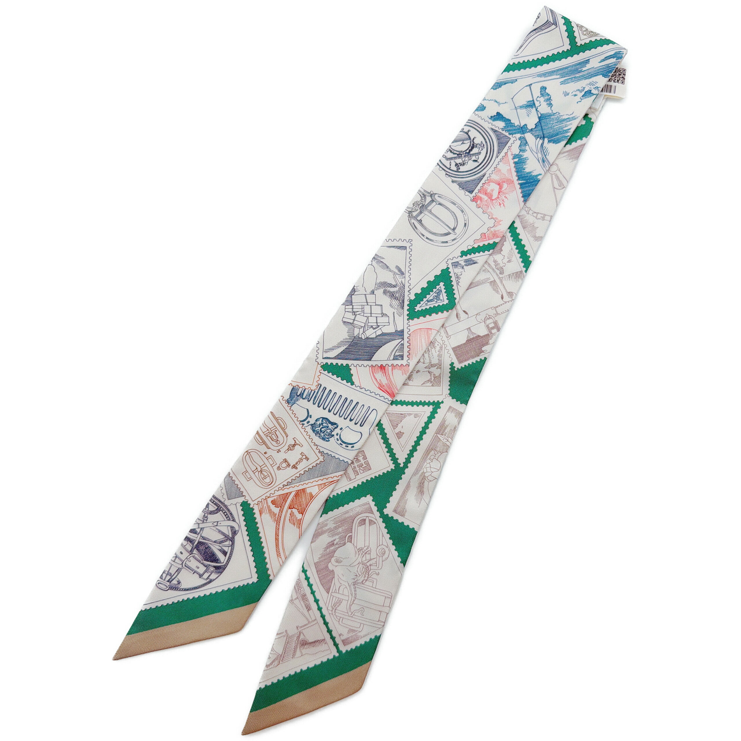 エルメス ツイリー Le Philateliste du Faubourg フォーブルの切手愛好家 グリーン/ノワゼット/ブルー シルク 新品 HERMES レディース スカーフ