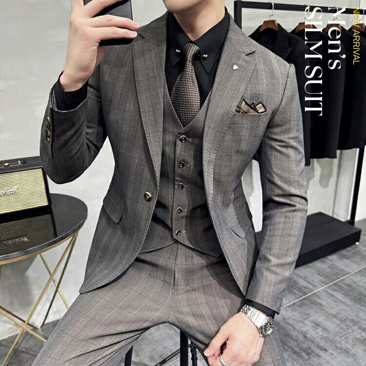 Rakuten - 3ピーススーツ メンズ パンツスーツ チェック おしゃれスーツ 結婚式 スリーピース スーツ メンズスーツ 前撮り タキシード 紳士服 礼服 冠婚葬祭 1つボタンセレモニースーツ ビジネススーツ フォーマル 通勤 オフィス 発表会 二次会 同窓会 大きいサイズ 黒 ベージュ グレー