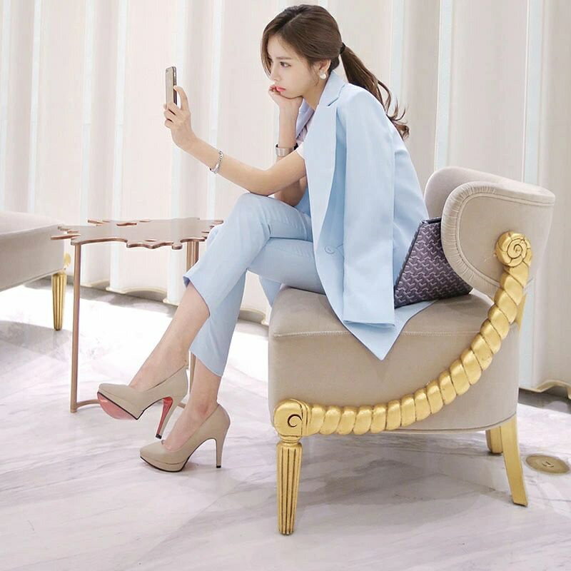 Rakuten - セットアップ おしゃれ レディーススーツ 上品 エレガント 優雅 OL女性 事務服 オフィス ビジネス セレモニースーツ 通勤 フォマール 卒業式 入学式 20代30代40代50代 きれいめ 大きいサイズ ジャケット＆パンツ 2点セット 上下セット カジュアルスーツ 無地 ブルー 青