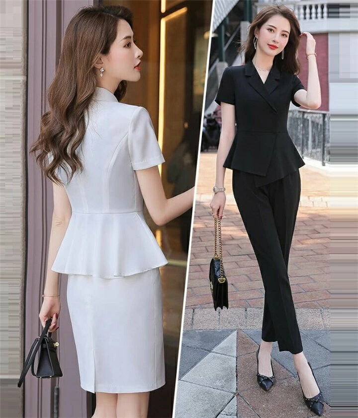 乐天商城 - スカートスーツ パンツスーツ 半袖 夏 サラリーマン レディーススーツ フォーマル OL 通勤 オフィス 事務服 キャリア ビジネススーツ エレガント 大きいサイズ ママ 母 卒業式 入学式 二次会 結婚式 無地2点セット ブラック黒 ホワイト白