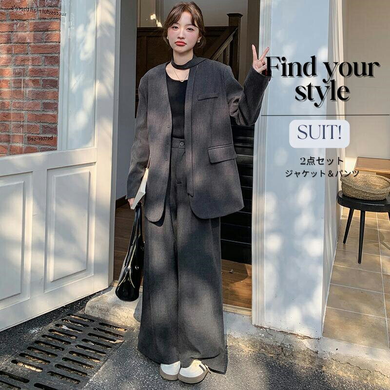 Rakuten - セットアップ おしゃれ 春 秋 レディース パンツスーツ 韓国風 かわいい お出かけファッション 30代40代 スーツセット 入学式 卒業式 フォーマル エレガント 2点セット 上下セット 通勤 オフィス 事務服 カジュアル 50代 ママ 母 結婚式 二次会 謝恩会 グレー