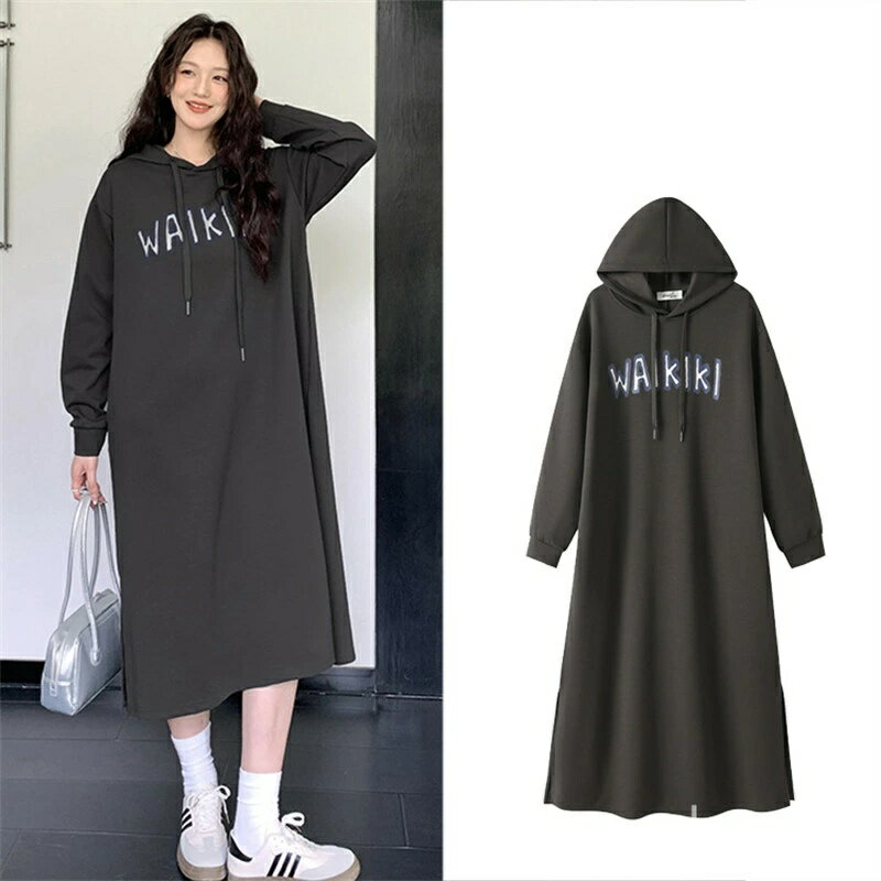 Rakuten - ワンピース ロゴ レディース ロング ロゴプリント スウェット パーカー フード Aライン ロングワンピース 長袖 無地 サイドポケット おしゃれ カジュアル 体型カバー 大きいサイズ グレー 秋 冬