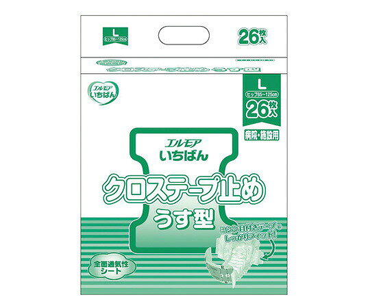※画像はイメージです※本商品は、メーカー取り寄せ商品となります※掲載商品は予告無く販売終了となっている場合があり、出荷確約をするものではありません■特徴●ミシン目入りテープは切り離してクロス止めができ、テープ同士の重ね貼りもできるので、フィットする箇所でテープを止められます。●紙おむつの厚みをおさえたうす型吸収体採用でパッド併用時もすっきり装着できます。■仕様●適合ヒップサイズ（cm）：85〜125●袋入数：1袋（26枚入）●ケース入数：4袋入●消臭ポリマー採用●全面通気性●※販売は1袋単位です。●※表示価格は1袋あたりの価格です。