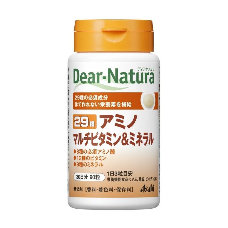 商品説明・29種の必須成分　体では作れない栄養素を補給。必須アミノ酸8種、ビタミン12種、ミネラル9種を配合成分・原材料など栄養成分 : 熱量 2.52kcal、たんぱく質 0.23g、脂質 0.02g、炭水化物 0.35g、ナトリウム 1.0〜2.0mg、ビオチン 45μg、ビタミンE 8mg、亜鉛 2.34mg、銅 0.2mg、ビタミンA 450μg、ビタミンB1 1mg、ビタミンB2 1.1mg、ビタミンB6 1mg、ビタミンB12 2μg、ナイアシン 11mg、パントテン酸 5.5mg、葉酸 200μg、ビタミンC 80mg、ビタミンD 5μg、カルシウム 100mg、マグネシウム 50mg、鉄 2.5mg、マンガン 1.17mg、セレン 7.7μg、クロム 10μg、モリブデン 5.67μg、バリン 30mg、ロイシン42mg、イソロイシン 30mg、スレオニン 21mg、メチオニン 39mg、フェニルアラニン 42mg、トリプトファン 10.5mg、リジン 36mg使用方法1日3粒を目安に、水またはお湯とともに召し上がり下さい。注意事項・本品は、多量摂取により疾病が治癒したり、より健康が増進するものではありません。・1日の摂取目安量を守ってください。・亜鉛の摂り過ぎは、銅の吸収を阻害するおそれがありますので、過剰摂取にならないよう注意してください。・乳幼児・小児は本品の摂取を避けてください。・妊娠3ヶ月以内、又は妊娠を希望する女性は過剰摂取にならないよう注意してください。・体質によりまれに身体に合わない場合があります。その場合は使用を中止してください。・表面に見える斑点は原料由来のものです。