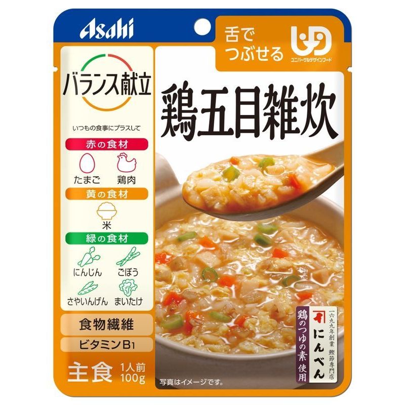 商品説明●バランス献立シリーズは赤・黄・緑の三色の食材をまんべんなく摂ることで、バランスにの良い食事にします。●5つの具材(鶏肉・にんじん・ごぼう・さやいんげん・まいたけ)とかき卵で仕上げました。●にんべん鶏のつゆの素使用●赤の食材：たまご・鶏肉／黄の食材：米／緑の食材：にんじん・ごぼう・さやいんげん・まいたけ。5つの具材とかき卵で仕上げました。にんべん「鶏のつゆの素」使用。成分表示1袋(100g)当たりエネルギー　　78kcalたんぱく質　　 3.6g脂質　　　　　 2.2g炭水化物　　 13.5g(糖質　10g、食物繊維　3.5g)食塩相当量　0.83gビタミンB?　　　0.56mg使用方法●お湯で温める場合・・・袋の封を切らずに温めてください。火にかけて沸騰させたまま温めないでください。目安：お湯で3分。●電子レンジで温める場合・・・深めの容器に移し、ラップをかけて温めてください。目安：40秒(500W)。注意事項●調理時や喫食時のやけどにご注意ください。●お湯の取り扱いにご注意ください。●食事介助の必要な方は、飲み込むまで様子を見守ってください。●かむ力、飲み込む力には個人差がありますので、必要に応じて医師、栄養士等の専門家にご相談ください。●開封後はなるべく早くお召し上がりください。