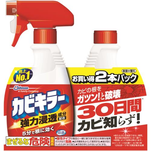 商品説明カビキラー独自の強力浸透成分配合で、カビの根の奥の奥まで強力浸透！ゴムパッキンの黒カビまでスッキリ落とす。成分次亜塩素酸ナトリウム（塩素系）、界面活性剤、安定化剤、水酸化ナトリウム使用方法ノズルの「出」をキチンと黄色部品中央の溝にあわせる。カビ汚れから約15センチ離して直接スプレーする数分後、水で充分洗い流す。使用後はノズルの「止」を黄色部品中央の溝に合わせ、冷暗所に立てて保管する。注意事項液が目に入らないように注意。必ず単独で使用。酸性タイプの製品や食酢、アルコール、アンモニア等と混ざると有害なガスが発生して危険。用途以外に使わない。他の容器に移して使わない。　
