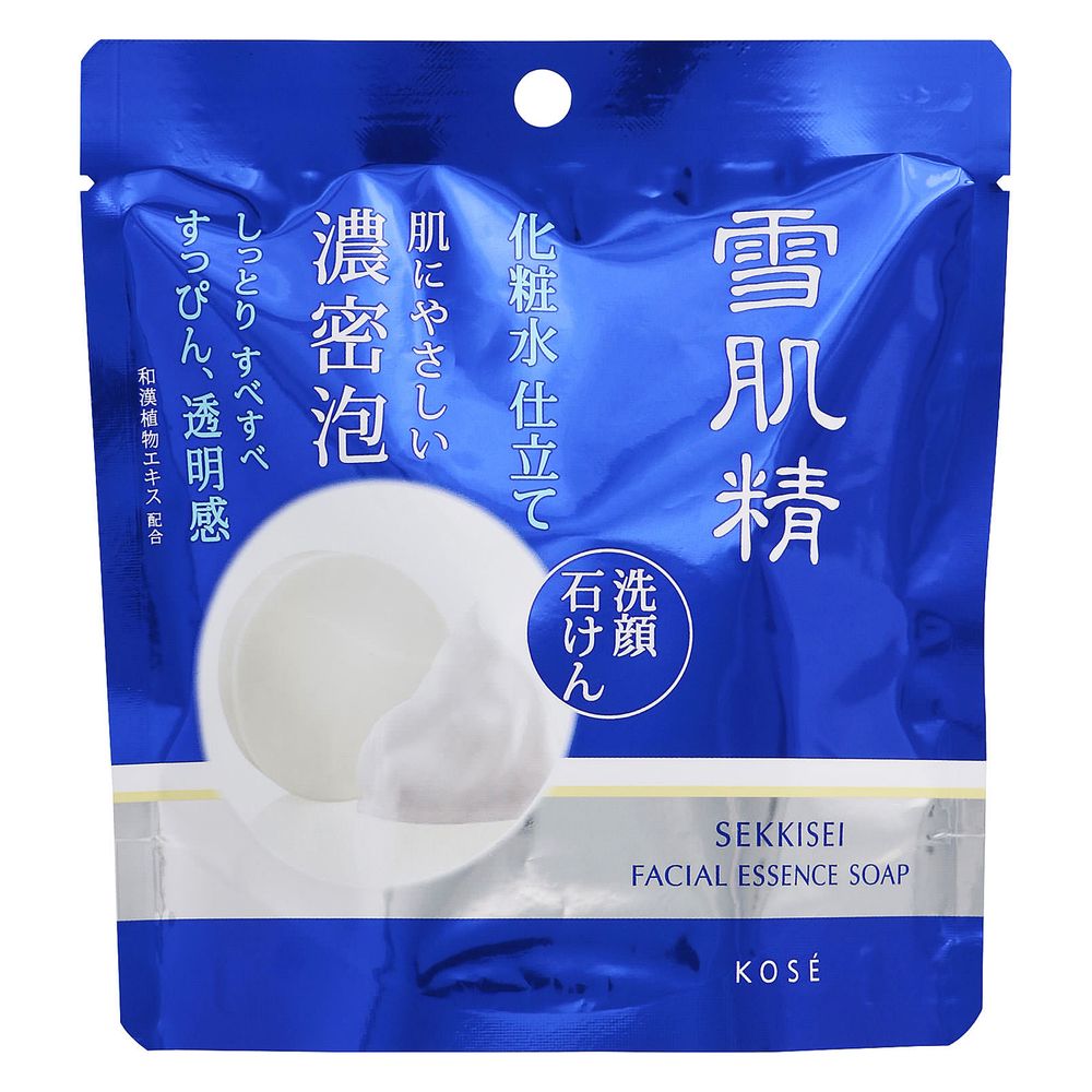商品説明雪肌精 化粧水仕立て 石けん (美容石けん) : 標準重量100g (枠練り) 。2,000円 (税抜) 。肌にやさしい濃密泡。しっとりすべすべ。すっぴん、透明感。和漢植物エキス配合。自然のめぐみ、明るい透明感。和漢植物エキス配合のふんわり濃密な泡が、肌をいたわるようにやさしく密着。うるおいをまもりながら、くすみ (古い角質) や毛穴につまった皮脂よごれを一掃し、透明感際立つしっとりすべすべの肌に洗い上げます。すばやく泡立ち、瞬く間にキメ細かく上質な泡がたっぷりできます。和漢植物エキス [ハトムギ (苡仁) エキス、トウキ (当帰) エキス、メロスリア (白) エキス、ドクダミエキス] 、リンゴエキス、グリセリン (保湿) 配合。使用方法透明のフィルムをはずしてから、お使いください。顔全体をぬらしてから、石けんに水かぬるま湯を加え、泡立てます。泡で肌を包みこむようにやさしく洗顔し、そのあと充分にすすいでください。注意事項ご使用後は泡と水気をよくきり、シャワーなどの水がかからない、湿気の少ない場所に保管してください。天然由来成分配合のため、製品によって色ムラや黄味をおびることがあります。また、石けんの表面に粉ふき、ザラつきが生じることがありますが、品質に問題はありません。目に入ったときは、すぐに洗い流してください。乳幼児の手の届かないところに保管してください。高温の場所には置かないでください。傷やはれもの、湿しん等、異常のある部位には使わないでください。赤味、はれ、かゆみ、刺激等の異常があらわれた場合は使用を中止し、皮ふ科専門医等へご相談ください。使用を続けると症状が悪化することがあります。全成分カリ含有石ケン素地、PG、水、PEG-60水添ヒマシ油、オリーブ油、ラウリン酸、グリチルリチン酸2K、センブリエキス、トウキ根エキス、トコフェロール、ドクダミエキス、ハトムギエキス、ポリクオタニウム-51、メロスリア根エキス、リンゴエキス、BG、EDTA-2Na、PEG-9M、エタノール、エチドロン酸4Na、グリセリン、ステアリン酸、タルク、ポリクオタニウム-10、ポリクオタニウム-7、ラウロイルリシン、リンゴ酸、塩化Na、フェノキシエタノール、安息香酸Na、香料、酸化チタン、酸化鉄、水酸化Al原産国日本コーセー　雪肌精　化粧水仕立て石けん　100G