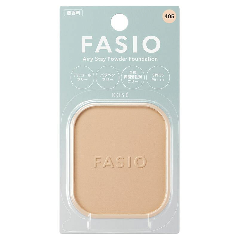 商品説明ファシオ エアリーステイ パウダーファンデーション 405 ライトオークル 10g (レフィル) : スポンジ付き。ウォータープルーフ。高温多湿プルーフ。SPF35/PA+++。無香料。軽やかなパウダーがとけこむようになじんでテカリ・くずれ知らずのナチュラル美肌に。蒸し暑さや汗・皮脂・こすれに強く、つけたての美しさが1日持続。アルコール (エチルアルコール) ・合成界面活性剤・パラベンフリー。なじみつづく処方。スキンペアリング成分 (レシチン・タルク) (密着性アップ) 。5種のオーガニック植物抽出成分 (オリーブ果実油・ホホバ種子油・サフラワー油・シア脂・ゴマ種子油) ・スクワラン (エモリエント) 。アレルギーテスト済み・パッチテスト済み・ノンコメドジェニックテスト済み : すべてのかたにアレルギーや皮膚刺激がが起きない、コメド (ニキビのもと) ができないというわけではありません。使用方法別売りのファシオ パウダーファンデーション ケースにセットしてお使いください。乾いたスポンジまたは水を含ませて固くしぼったスポンジに適量をとり、肌にムラなくのばします。化粧下地なしでもお使いいただけます。他の紫外線防止効果のある化粧品と併用するとより効果的です。注意事項水使用のスポンジは、水気を充分に切ってから、ケースにしまってください。よごれたときは、ぬるま湯に中性洗剤を薄くとかして軽く押し洗いをし、よくすすいでから日かげで完全に乾かしてください。お肌に異常が生じていないかよく注意して使用してください。傷やはれもの・湿しん等、異常のある部位には使わないでください。赤味・はれ・かゆみ・刺激、色抜け (白斑等) や黒ずみ等の異常があらわれた場合は使用を中止し、皮ふ科専門医等へご相談ください。使用を続けると症状が悪化することがあります。SPF・PA表示は、国際的な基準で1平方cmあたり2mgを塗布し測定した値です。製品選択時の目安とお考えください。成分タルク・メトキシケイヒ酸エチルヘキシル・(フッ化/水酸化/酸化)/(Mg/K/ケイ素)・シリカ・ミネラルオイル・(スチレン/DVB)コポリマー・リンゴ酸ジイソステアリル・ジメチコン・オリーブ果実油・ゴマ種子油・サフラワー油・シア脂・トコフェロール・ホホバ種子油・BHT・(HDI/トリメチロールヘキシルラクトン)クロスポリマー・イソノナン酸イソトリデシル・シクロメチコン・スクワラン・トリフルオロアルキルジメチルトリメチルシロキシケイ酸・ハイドロゲンジメチコン・ヘキサ(ヒドロキシステアリン酸/ステアリン酸/ロジン酸)ジペンタエリスリチル・ミツロウ・メチコン・レシチン・ワセリン・水酸化Al・水添ポリイソブテン・マイカ・酸化チタン・酸化亜鉛・酸化鉄・硫酸Ba