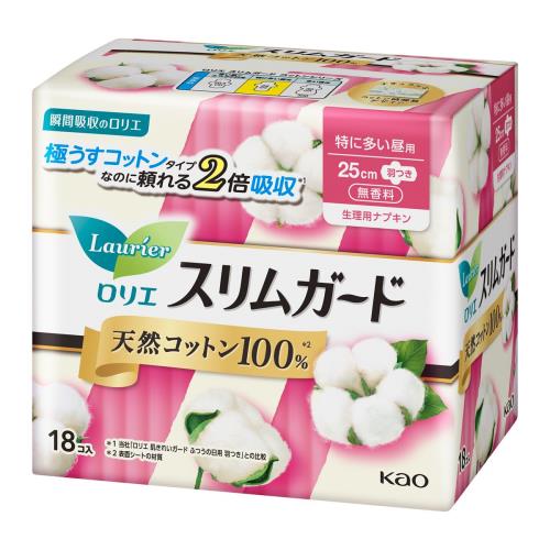 Rakuten - 花王　ロリエ　スリムガード　天然コットン　特に多い昼用　25cm　羽根つき　無香料　18個
