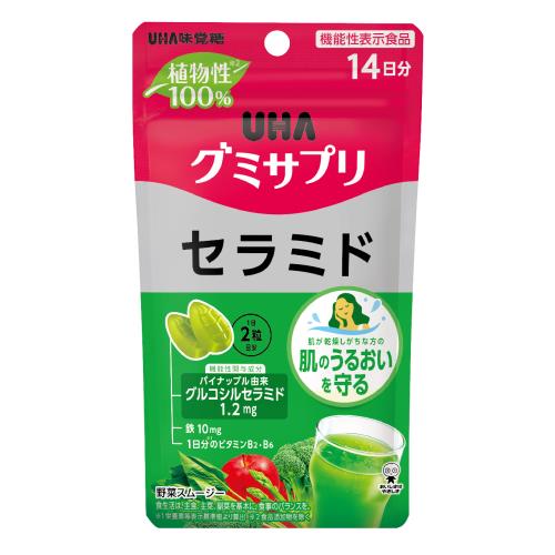 商品説明いつでもどこでも美味しく栄養摂取できるグミ剤形のサプリメントです。植物性の原材料のみで作っており、自然食品に近い形で摂取していただけますので、ヴィーガンやナチュラル志向の方にも摂っていただけやすい商品に仕上がっております。パイナップル由来グルコシルセラミド2粒に1.2mg配合しております。また、鉄10mgと1日分のビタミンB2・B6も配合しております。野菜スムージー味で美味しくお召し上がりいただけます。広告文責株式会社ウェルパーク　電話番号：042-659-3716
