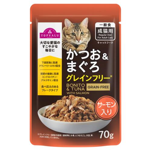 樂天商城 - 96個セット　トップバリュ　キャットフードパウチ　かつお＆まぐろ　グレインフリー　サーモン入り　70g