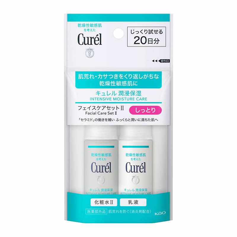 商品説明肌荒れ・カサつきをくり返しがちな乾燥性敏感肌に。旅先や外出先でのお手入れにも便利な潤浸保湿化粧水と乳液のミニセット。「セラミド」の働きを守り補い潤いを与え、外部刺激で肌荒れしにくい、ふっくらと潤いに満ちた肌に保ちます。　○肌荒れを防ぐ（消炎剤配合）　○化粧水2（しっとり）30ml・乳液30ml　○弱酸性・無香料・無着色・アルコールフリー（エチルアルコール無添加）　（医薬部外品）成分Curel化粧水B2成分：アラントイン＊、精製水、グリセリン、BG、ベタイン、ユーカリエキス、POEメチルグルコシド、PEG1540、コハク酸、アルギニン、POE水添ヒマシ油、パラベン　＊は「有効成分」無表示は「その他の成分」Curel乳液C成分：アラントイン＊、水、グリセリン、ヘキサデシロキシPGヒドロキシエチルヘキサデカナミド、シュガースクワラン、ジカプリン酸ネオペンチルグリコール、ジメチコン、ステアリン酸POEソルビタン、BG、ユーカリエキス、イソステアリン酸コレステリル、コレステロール、ステアリン酸ソルビタン、ステアロイルメチルタウリンNa、コハク酸、セタノール、ステアリルアルコール、パラベン　＊は「有効成分」無表示は「その他の成分」使用方法・取り扱い注意情報など〈化粧水しっとり〉使い方適量（直径約2.5cm）をとり、顔全体にやさしくなじませます。〈乳液〉使い方化粧水、美容液の後にお使いください。適量（直径約2cm）をとり、顔全体にやさしくなじませます。