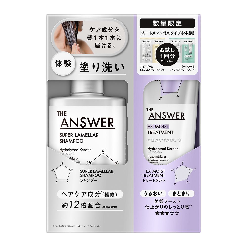 【エントリーP5倍】▲THE ANSWER(ジアンサー)　スーパーラメラシャンプー　＆　EXモイストトリートメント　＆　ピローセット2種　400ml＆220g＆24ml＆24g