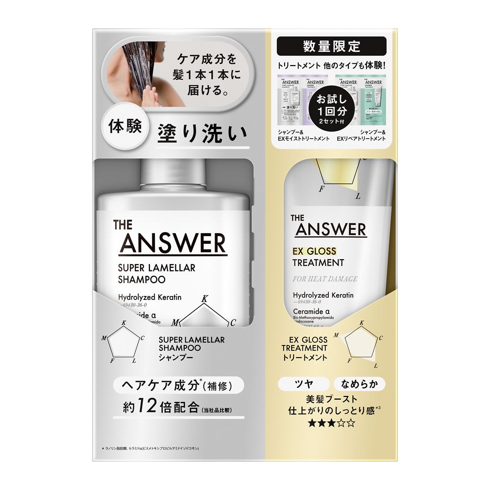 【エントリーP5倍】▲THE ANSWER(ジアンサー)　スーパーラメラシャンプー　＆　EXグロストリートメント　＆　ピローセット2種　400ml＆220g＆24ml＆24g
