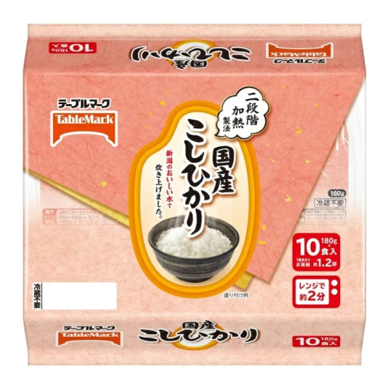 国民的銘柄米である国産の「こしひかり」を新潟のおいしい水で炊き上げました。「加圧加熱」と「蒸気炊飯」の二段階で加熱することで、外はふっくら、中はもっちりとしています。ローリングストックにもおすすめです。栄養成分...1食（180g）当たりエ...