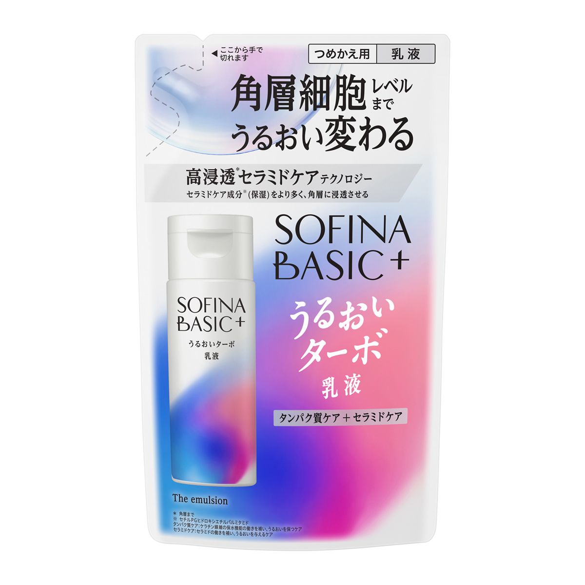 商品説明レフィル　つめかえ用長年の「角層細胞研究」で肌がうるおうメカニズムに着目したスキンケア肌のうるおいの基盤※1「角層細胞」までアプローチみずみずしさが1日続きうるおってやわらかな肌へ○角層の2大必須ケア※1処方 ＜タンパク質ケア+セラミドケア＞・タンパク保水成分※2（保湿）配合　角層細胞内にあるタンパク質（ケラチン線維）の保水機能の働きを補いうるおいを保つケア・セラミドケア成分※3（保湿）配合セラミドの働きを補い、うるおいを与えるケア○高浸透※4セラミドケアテクノロジー　セラミドケア成分※3（保湿）をより多く、角層に浸透させる※1 ソフィーナ BASIC+が考える※2 セリン、スクロース、塩化Na、コハク酸ジグリコールグアニジン※3 セチルPGヒドロキシエチルパルミタミド※4 角層まで使用方法つめかえ方1. 使い終わったボトルのキャップをまわして開けます。2. 注ぎ口を点線に沿って手で切って開けます。3. ボトルが倒れないよう片手で固定し、注ぎ口をボトルの口にしっかり差し込み、ゆっくりと中身を入れます。※パックを強く持つと、液が飛び出ることがあります。必ず、ソフィーナ 　BASIC＋　うるおいターボ乳液の容器につめかえてください。● 空の容器、キャップは洗わずにそのままご使用ください。● 必ず使い切ってから全量をつめかえてください。● 他の製品が混ざらないようにしてください。● つめかえた後は、このパック右下の製造番号を控えておいてください。お問合せの際に必要な場合があります。● 衛生的にお使いいただくために、本体は時々新しい容器にお取替えください。注意●傷、はれもの、湿疹等異常のあるところには使用しないでください。●肌に異常が生じていないかよく注意してご使用ください。肌に合わない時や、使用中、赤み、はれ、かゆみ、刺激、色抜け（白斑等）や黒ずみ等の異常が出た時、また日光があたって同じような異常が出た時は使用を中止し、皮フ科医へ相談してください。使い続けると症状が悪化することがあります。●目に入らないように注意し、入った時は、すぐに充分洗い流してください。●子供や認知症の方などの誤飲等を防ぐため、置き場所にご注意ください。●極端に温度の高い所や低い所、直射日光のあたる場所には置かないでください。成分水、グリセリン、プロパンジオール、DPG、ジカプリン酸ネオペンチルグリコール、BG、ジグリセリン、ジメチコン、セチルPGヒドロキシエチルパルミタミド、コレステロール（羊毛）、水添ポリイソブテン、セリン、スクロース、コハク酸ジグリコールグアニジン、塩化Na、ユーカリ葉エキス、スクワラン、ベヘニルアルコール、ステアリルアルコール、PEG-5フィトステロール、ポリソルベート60、ステアロイルメチルタウリンNa、ヒドロキシプロピルメチルセルロース、ステアロキシPGヒドロキシエチルセルローススルホン酸Na、カルボマー、水酸化K、EDTA-2Na、フェノキシエタノール、クロルフェネシン