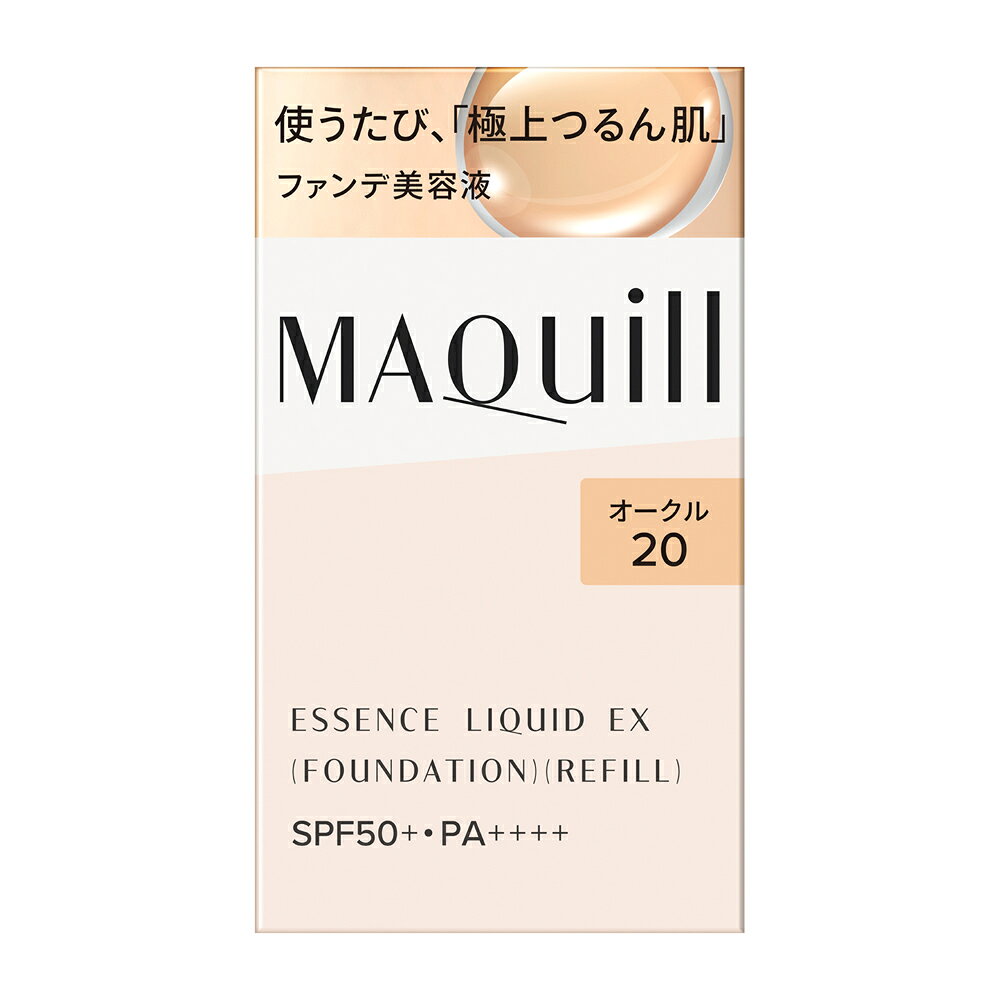 商品説明使うたび、毛穴レスな「極上つるん肌」へ。　美容液でファンデ成分を包みこみ美容液が肌にずっとふれる独自技術「セラムファースト技術」を搭載した、ファンデ美容液。　毛穴や角層の奥までうるおいが届き、なめらかな肌へ。　毛穴・色ムラをしっかりカバーするのにみずみずしい使い心地。　毛穴落ちが目立たず、1日中*つけたての美しい仕上がりが持続。　　*13時間 化粧もち**データ取得済み　**毛穴の目立ちのなさ・毛穴落ちのなさ・つや・透明感・カバー力・よれのなさ・うすれのなさ・皮脂崩れのなさ　（メーカー調べ。効果には個人差があります。）使用方法●スキンケアなどで肌を整えた後、手のひらに適量をとり、顔の片側ずつ仕上げます。中央から外側に向かって素早くのばします。　●特にカバーをしたい部分には、ファンデーションを少量とり、指の腹を使って優しく叩くように重ねづけしてください。　●使い始めは、中味が出るまでディスペンサーを数回押してください。　●使用量が少ないと、十分な紫外線防御効果が得られません。　●紫外線防御効果のある化粧下地などとの併用をおすすめします。　　＜付け替え方法＞ 　●レフィル容器のキャップを外し、使い終わった容器のディスペンサーを付け替えてお使いください。ディスペンサーを取り外すときなど、周りを汚さないようご注意ください。　●レフィル容器にディスペンサーをセットする際は、ディスペンサーは洗わずにそのままセットしてお使いください。　●その際、前の容器に残った中味をレフィル容器に移し替えないでください。 　●色が混ざらないよう、必ずレフィルと同じ色号数の「マキアージュ エッセンスリキッド EX」のディスペンサーをセットしてください。　●付け替え後は、すぐにディスペンサーをきちんと閉めてください。注意事項◇中味が飛び散ることがありますので、手のひらにディスペンサーの先を近づけて、優しく押すようにお使いください。　◇目に入らないよう注意し、入ったときはすぐに洗い流してください。 　◇ご使用後は容器の口もとをきれいに拭き、必ずカバーキャップをきちんと閉めてください。　◇中味の品質を保つため、マキアージュ エッセンスリキッド EXのディスペンサー以外は使用しないでください。　◇中味衛生上、使用期間中はディスペンサーを容器から取り外さないでください。また、 途中で開けると中味が出にくくなることがあります。　◇衣服などについた場合は、すぐに洗剤でていねいに洗い流してください。洗う際には、ピンクに変色しますので塩素系漂白剤のご使用はさけてください。　◇ディスペンサーがスムーズに動かなくなったり、カバーキャップがきちんと閉まらなくなった場合は、新しい本体をお求めください。　◇日のあたるところや高温・多湿のところに置かないでください。　◇中味が出にくくなる場合がありますので、低温のところに置かないでください。 　◇製品性質上、まれに透明の液体（エモリエント成分）が出ることがありますが、使用性や仕上がりに問題はありません。　◇火気にご注意ください。　※商品のSPF表示及びPA表示は、SPF試験法に定められている塗布量1cあたり2mgを皮ふに塗布して測定した結果です。全成分表示水、DPG、メトキシケイヒ酸エチルヘキシル、エタノール、グリセリン、サリチル酸エチルヘキシル、PEG−8、PEG−60水添ヒマシ油、ビスエチルヘキシルオキシフェノールメトキシフェニルトリアジン、シリカ、イソステアリン酸、ポリリシノレイン酸ポリグリセリル−6、ジエチルアミノヒドロキシベンゾイル安息香酸ヘキシル、（アクリロイルジメチルタウリンアンモニウム／メタクリル酸ベヘネス−25）クロスポリマー、ジラウラミドグルタミドリシンNa、ポリウレタン−10、グリシルグリシン、酢酸トコフェロール、塩化Mg、アセチルヒアルロン酸Na、ネオペンタン酸イソデシル、コウホネエキス、水溶性コラーゲン、PEG−100水添ヒマシ油、セスキイソステアリン酸ソルビタン、水酸化Al、EDTA−3Na、（アクリレーツ／アクリル酸アルキル（C10−30））クロスポリマー、（ジメチルアクリルアミド／アクリロイルジメチルタウリンNa）クロスポリマー、BHT、トコフェロール、水酸化K、ピロ亜硫酸Na、PEG−12ジメチコン、BG、トリ脂肪酸（C10−18）グリセリル、トリエトキシカプリリルシラン、フェノキシエタノール、酸化チタン、酸化鉄、マイカ