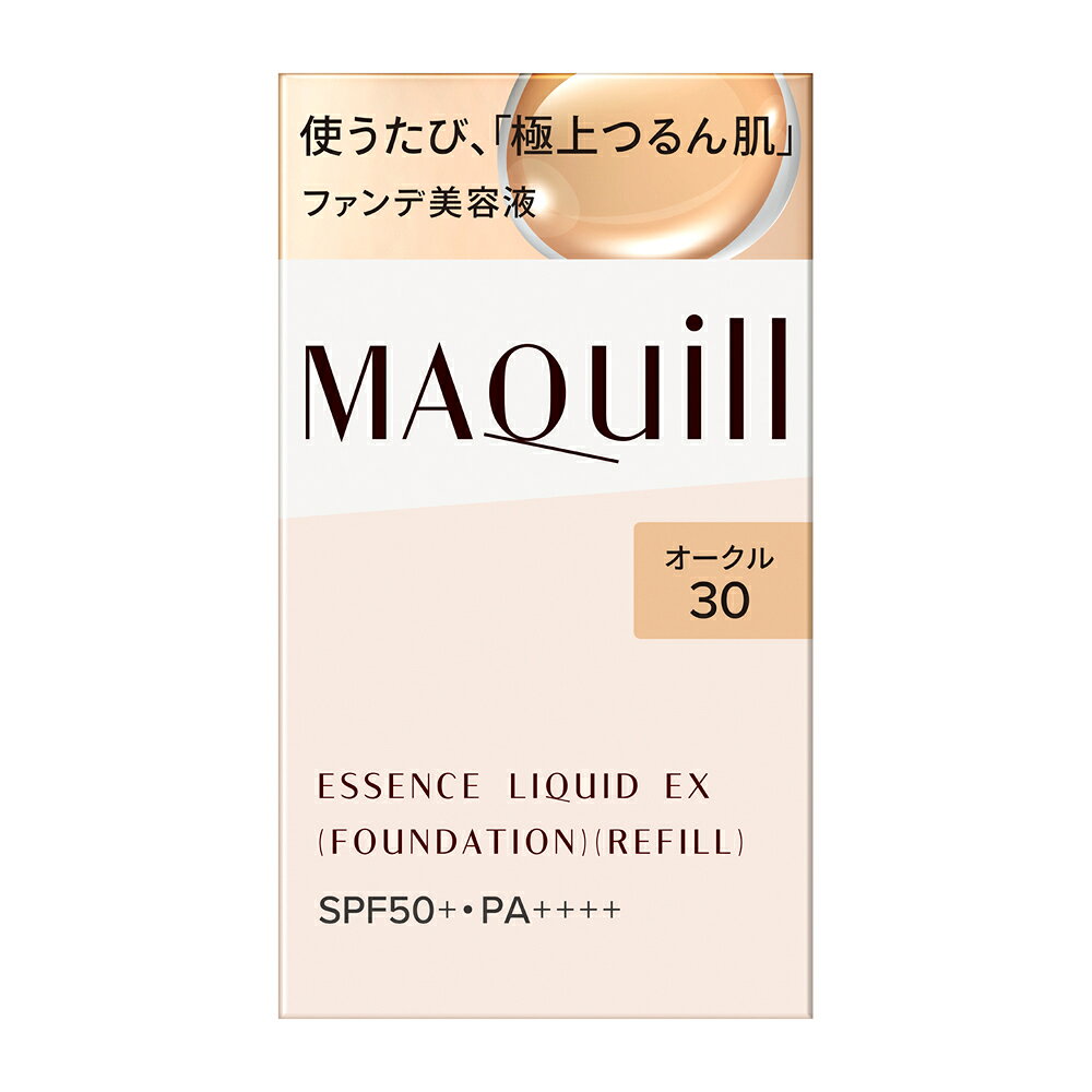 商品説明使うたび、毛穴レスな「極上つるん肌」へ。　美容液でファンデ成分を包みこみ美容液が肌にずっとふれる独自技術「セラムファースト技術」を搭載した、ファンデ美容液。　毛穴や角層の奥までうるおいが届き、なめらかな肌へ。　毛穴・色ムラをしっかりカバーするのにみずみずしい使い心地。　毛穴落ちが目立たず、1日中*つけたての美しい仕上がりが持続。　　*13時間 化粧もち**データ取得済み　**毛穴の目立ちのなさ・毛穴落ちのなさ・つや・透明感・カバー力・よれのなさ・うすれのなさ・皮脂崩れのなさ　（メーカー調べ。効果には個人差があります。）使用方法●スキンケアなどで肌を整えた後、手のひらに適量をとり、顔の片側ずつ仕上げます。中央から外側に向かって素早くのばします。　●特にカバーをしたい部分には、ファンデーションを少量とり、指の腹を使って優しく叩くように重ねづけしてください。　●使い始めは、中味が出るまでディスペンサーを数回押してください。　●使用量が少ないと、十分な紫外線防御効果が得られません。　●紫外線防御効果のある化粧下地などとの併用をおすすめします。　　＜付け替え方法＞ 　●レフィル容器のキャップを外し、使い終わった容器のディスペンサーを付け替えてお使いください。ディスペンサーを取り外すときなど、周りを汚さないようご注意ください。　●レフィル容器にディスペンサーをセットする際は、ディスペンサーは洗わずにそのままセットしてお使いください。　●その際、前の容器に残った中味をレフィル容器に移し替えないでください。 　●色が混ざらないよう、必ずレフィルと同じ色号数の「マキアージュ エッセンスリキッド EX」のディスペンサーをセットしてください。　●付け替え後は、すぐにディスペンサーをきちんと閉めてください。注意事項◇中味が飛び散ることがありますので、手のひらにディスペンサーの先を近づけて、優しく押すようにお使いください。　◇目に入らないよう注意し、入ったときはすぐに洗い流してください。 　◇ご使用後は容器の口もとをきれいに拭き、必ずカバーキャップをきちんと閉めてください。　◇中味の品質を保つため、マキアージュ エッセンスリキッド EXのディスペンサー以外は使用しないでください。　◇中味衛生上、使用期間中はディスペンサーを容器から取り外さないでください。また、 途中で開けると中味が出にくくなることがあります。　◇衣服などについた場合は、すぐに洗剤でていねいに洗い流してください。洗う際には、ピンクに変色しますので塩素系漂白剤のご使用はさけてください。　◇ディスペンサーがスムーズに動かなくなったり、カバーキャップがきちんと閉まらなくなった場合は、新しい本体をお求めください。　◇日のあたるところや高温・多湿のところに置かないでください。　◇中味が出にくくなる場合がありますので、低温のところに置かないでください。 　◇製品性質上、まれに透明の液体（エモリエント成分）が出ることがありますが、使用性や仕上がりに問題はありません。　◇火気にご注意ください。　※商品のSPF表示及びPA表示は、SPF試験法に定められている塗布量1cあたり2mgを皮ふに塗布して測定した結果です。全成分表示水、DPG、メトキシケイヒ酸エチルヘキシル、エタノール、グリセリン、サリチル酸エチルヘキシル、PEG−8、PEG−60水添ヒマシ油、ビスエチルヘキシルオキシフェノールメトキシフェニルトリアジン、シリカ、イソステアリン酸、ポリリシノレイン酸ポリグリセリル−6、ジエチルアミノヒドロキシベンゾイル安息香酸ヘキシル、（アクリロイルジメチルタウリンアンモニウム／メタクリル酸ベヘネス−25）クロスポリマー、ジラウラミドグルタミドリシンNa、ポリウレタン−10、グリシルグリシン、酢酸トコフェロール、塩化Mg、アセチルヒアルロン酸Na、ネオペンタン酸イソデシル、コウホネエキス、水溶性コラーゲン、PEG−100水添ヒマシ油、セスキイソステアリン酸ソルビタン、水酸化Al、EDTA−3Na、（アクリレーツ／アクリル酸アルキル（C10−30））クロスポリマー、（ジメチルアクリルアミド／アクリロイルジメチルタウリンNa）クロスポリマー、BHT、トコフェロール、水酸化K、ピロ亜硫酸Na、PEG−12ジメチコン、BG、トリ脂肪酸（C10−18）グリセリル、トリエトキシカプリリルシラン、フェノキシエタノール、酸化チタン、酸化鉄、マイカ