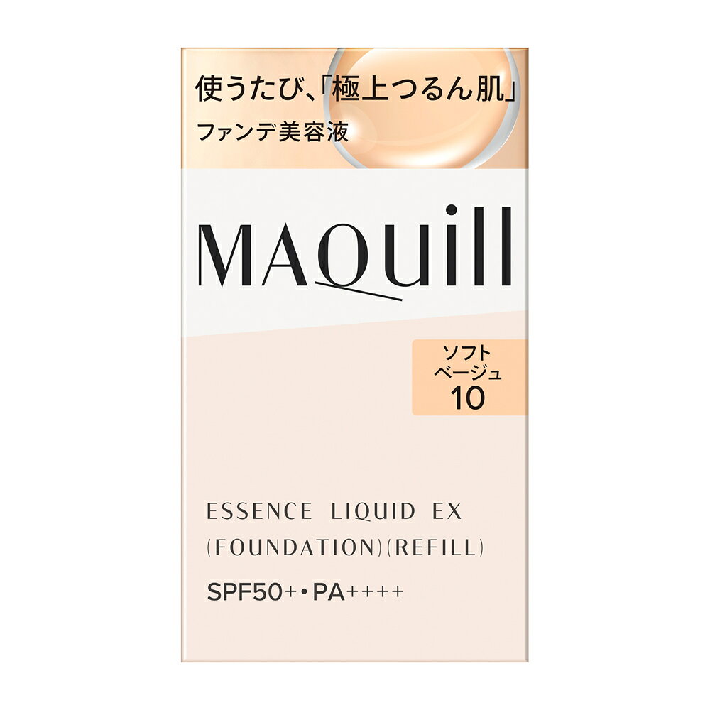 商品説明使うたび、毛穴レスな「極上つるん肌」へ。　美容液でファンデ成分を包みこみ美容液が肌にずっとふれる独自技術「セラムファースト技術」を搭載した、ファンデ美容液。　毛穴や角層の奥までうるおいが届き、なめらかな肌へ。　毛穴・色ムラをしっかりカバーするのにみずみずしい使い心地。　毛穴落ちが目立たず、1日中*つけたての美しい仕上がりが持続。　　*13時間 化粧もち**データ取得済み　**毛穴の目立ちのなさ・毛穴落ちのなさ・つや・透明感・カバー力・よれのなさ・うすれのなさ・皮脂崩れのなさ　（メーカー調べ。効果には個人差があります。）使用方法●スキンケアなどで肌を整えた後、手のひらに適量をとり、顔の片側ずつ仕上げます。中央から外側に向かって素早くのばします。　●特にカバーをしたい部分には、ファンデーションを少量とり、指の腹を使って優しく叩くように重ねづけしてください。　●使い始めは、中味が出るまでディスペンサーを数回押してください。　●使用量が少ないと、十分な紫外線防御効果が得られません。　●紫外線防御効果のある化粧下地などとの併用をおすすめします。　　＜付け替え方法＞ 　●レフィル容器のキャップを外し、使い終わった容器のディスペンサーを付け替えてお使いください。ディスペンサーを取り外すときなど、周りを汚さないようご注意ください。　●レフィル容器にディスペンサーをセットする際は、ディスペンサーは洗わずにそのままセットしてお使いください。　●その際、前の容器に残った中味をレフィル容器に移し替えないでください。 　●色が混ざらないよう、必ずレフィルと同じ色号数の「マキアージュ エッセンスリキッド EX」のディスペンサーをセットしてください。　●付け替え後は、すぐにディスペンサーをきちんと閉めてください。注意事項◇中味が飛び散ることがありますので、手のひらにディスペンサーの先を近づけて、優しく押すようにお使いください。　◇目に入らないよう注意し、入ったときはすぐに洗い流してください。 　◇ご使用後は容器の口もとをきれいに拭き、必ずカバーキャップをきちんと閉めてください。　◇中味の品質を保つため、マキアージュ エッセンスリキッド EXのディスペンサー以外は使用しないでください。　◇中味衛生上、使用期間中はディスペンサーを容器から取り外さないでください。また、 途中で開けると中味が出にくくなることがあります。　◇衣服などについた場合は、すぐに洗剤でていねいに洗い流してください。洗う際には、ピンクに変色しますので塩素系漂白剤のご使用はさけてください。　◇ディスペンサーがスムーズに動かなくなったり、カバーキャップがきちんと閉まらなくなった場合は、新しい本体をお求めください。　◇日のあたるところや高温・多湿のところに置かないでください。　◇中味が出にくくなる場合がありますので、低温のところに置かないでください。 　◇製品性質上、まれに透明の液体（エモリエント成分）が出ることがありますが、使用性や仕上がりに問題はありません。　◇火気にご注意ください。　※商品のSPF表示及びPA表示は、SPF試験法に定められている塗布量1cあたり2mgを皮ふに塗布して測定した結果です。全成分表示水、DPG、メトキシケイヒ酸エチルヘキシル、エタノール、グリセリン、サリチル酸エチルヘキシル、PEG−8、PEG−60水添ヒマシ油、ビスエチルヘキシルオキシフェノールメトキシフェニルトリアジン、シリカ、イソステアリン酸、ポリリシノレイン酸ポリグリセリル−6、ジエチルアミノヒドロキシベンゾイル安息香酸ヘキシル、（アクリロイルジメチルタウリンアンモニウム／メタクリル酸ベヘネス−25）クロスポリマー、ジラウラミドグルタミドリシンNa、ポリウレタン−10、グリシルグリシン、酢酸トコフェロール、塩化Mg、アセチルヒアルロン酸Na、ネオペンタン酸イソデシル、コウホネエキス、水溶性コラーゲン、PEG−100水添ヒマシ油、セスキイソステアリン酸ソルビタン、水酸化Al、EDTA−3Na、（アクリレーツ／アクリル酸アルキル（C10−30））クロスポリマー、（ジメチルアクリルアミド／アクリロイルジメチルタウリンNa）クロスポリマー、BHT、トコフェロール、水酸化K、ピロ亜硫酸Na、PEG−12ジメチコン、BG、トリ脂肪酸（C10−18）グリセリル、トリエトキシカプリリルシラン、フェノキシエタノール、酸化チタン、酸化鉄、マイカ