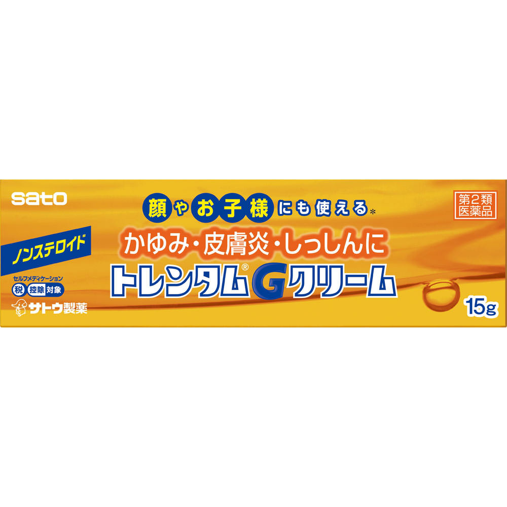 ※商品リニューアル等に伴い、パッケージ・内容等が掲載の内容と一部異なる場合があります。※商品は通常4〜6営業日以内に出荷します。在庫状況により出荷が遅れる場合があります。予めご了承下さい。 商品説明 非ステロイド性鎮痒消炎薬トレンタムGクリームは・・・●抗炎症成分ウフェナマート、グリチルリチン酸二カリウムに、かゆみを抑えるリドカイン、クロルフェニラミンマレイン酸塩、皮膚の血行を促すトコフェロール酢酸エステルを配合した鎮痒消炎薬で、かゆみ、皮膚炎、しっしんなどにすぐれた効果を発揮します。●べとつかず、のびがよく、塗った後も目立たない使いやすいクリームです。 使用上の注意 相談すること1．次の人は使用前に医師、薬剤師又は登録販売者にご相談ください（1）医師の治療を受けている人。（2）薬などによりアレルギー症状を起こしたことがある人。（3）湿潤やただれのひどい人。2．使用後、次の症状があらわれた場合は副作用の可能性がありますので、直ちに使用を中止し、この文書を持って医師、薬剤師又は登録販売者にご相談ください関係部位・・・症状皮膚・・・発疹・発赤、かゆみ、はれ、刺激感（ヒリヒリ感）、熱感、乾燥感3．5〜6日間使用しても症状がよくならない場合、また症状の悪化がみられた場合は使用を中止し、この文書を持って医師、薬剤師又は登録販売者にご相談ください 成分・分量 1g中成分・・・分量・・・作用ウフェナマート・・・50mg・・・非ステロイド性抗炎症成分で、炎症部位に直接作用し、患部の炎症や痛みを抑えます。リドカイン・・・10mg・・・局所麻酔作用により、皮膚炎、かぶれなどに伴う不快なかゆみや痛みを抑えます。クロルフェニラミンマレイン酸塩・・・10mg・・・抗ヒスタミン作用により、患部の炎症を緩和し、かゆみを抑えます。トコフェロール酢酸エステル（ビタミンE酢酸エステル）・・・5mg・・・皮膚の血行を促すことにより、皮膚の新陳代謝をよくします。グリチルリチン酸二カリウム・・・5mg・・・皮膚炎、あせも、しっしんなどの炎症を鎮めます。添加物として、流動パラフィン、グリセリン、ステアリン酸、ステアリルアルコール、ステアリン酸グリセリン、ステアリン酸マクロゴール、パラベンを含有します。 効能・効果 皮膚炎、かぶれ、湿疹、かゆみ、おむつかぶれ、ただれ、あせも 用法・用量 1日数回、適量を患部に塗布します。用法・用量に関する注意（1）定められた用法・用量を厳守してください。（2）小児に使用させる場合には、保護者の指導監督のもとに使用させてください。（3）目に入らないように注意してください。万一、目に入った場合には、すぐに水又はぬるま湯で洗ってください。なお、症状が重い場合には、眼科医の診療を受けてください。（4）外用にのみ使用してください。（5）患部を清潔にしてから、使用してください。 保管及び取扱い上の注意 （1）直射日光の当たらない湿気の少ない涼しい所に密栓して保管してください。（2）小児の手の届かない所に保管してください。（3）他の容器に入れ替えないでください。（誤用の原因になったり品質が変わるおそれがあります。）（4）使用期限をすぎた製品は、使用しないでください。（5）初めて使う方は試し塗りをおこなってください。 お問い合わせ先 本製品についてのお問い合わせは、お買い求めのお店又は下記にお願い申し上げます。佐藤製薬株式会社 お客様相談窓口電話番号・・・03-5412-7393電話受付時間・・・9：00〜17：00（土、日、祝日を除く）添付文書版番号・・・2 製造販売元企業名 佐藤製薬株式会社 製造販売元住所 東京都港区元赤坂1丁目5番27号 商品区分 第2類医薬品 広告文責 株式会社ウェルパーク　電話番号：042-659-3716 医薬品の使用期限 当店では使用期限まで90日以上ある医薬品のみを配送いたします。 医薬品販売に関する記載事項