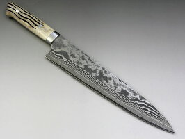 佐治武士作ニッケルダマスカス牛刀240スタッグ(鹿角)黒仕上げ