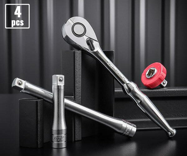 【ワケアリ品】KTC BR3E-BEQ3-4P -001-13012 ラチェットハンドル + エクステンションバー + クイックスピンナセット 差込角9.5mm (BR3E,BE3-075,150,BE3-Q) ラチェット+継ぎ手類基本4点セット エヒメマシンオリジナルセット