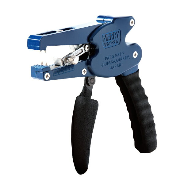 自動車工学でも紹介されているメーカー、 メリー[MERRY]　のミニストリッパー。 刃物が丈夫なことで有名な、メリーの配線脱皮用工具。 丈夫な刃を使用しているので、切れ味が長持ちします。 9ヵ国で特許を取得し、世界に向けて輸出されている人気商品です！ 芯線径Φ0.25mm〜Φ2.6mmまでの単線・より線が無段階脱皮できます！ （電線の脱皮したい箇所を、つかむだけで調整することなく簡単に脱皮できます） ・小型コンパクトで、先端は細く長いため狭い箇所でもラクラク脱皮できます。 ・V形刃で電線へのセッティングは簡単です。 ・割り込み配線をする際の、中間脱皮も可能です！ ・切断刃付き。 ・刃の切れ味が悪くなれば、刃のみを交換することができます。 ■型式：VST25 ■メーカー：MERRY（ムロモト鉄工株式会社） ■全長：120mm ■脱皮可能範囲：0.05〜3.5mm2（芯線径Φ0.25〜Φ2.6mm） ■PAT.&PAT.P. 日本・アメリカ・韓国・イギリス・フランス 　　　　　　　　　　 オーストラリア・ドイツ・イタリア・カナダ 人気のカテゴリ 新商品 今月の特価品 オリジナル商品 ワケあり特価品