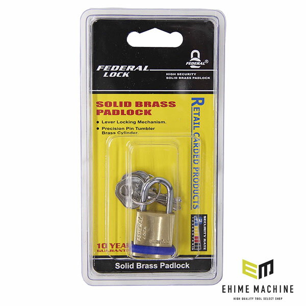 真鍮ボディのシリンダー南京錠 ツルを2箇所でロックするダブルレバーロッキング機構 真鍮製の精密なピンタンブラー錠 本体に傷がつきにくいPEポリエチレンのリング・傷や衝撃から本体を守ります 家庭、オフィス、学校などの引き出し、キャビネット、荷物入れ、ケース、ボックスなど 【仕様】 材質(本体)：真鍮 材質(リンク)：PE 材質(ツル)：鉄 材質(シリンダー)：真鍮 質量(g)：48.3 本体幅(W；mm)：20 本体高さ(H；mm)：23.5 本体厚み(T；mm)：11.5 ツル径(D；mm)：3.7 ツル幅(Y；mm)：10 ツル高さ(X；mm)：15 【セット内容/付属品】 鍵：2個付 ※許容差(クリアランス・質量)：±0.5％ ※時々、ごく少量の潤滑油を差してください メーカー名：FEDERAL（フェデラル） メーカー品番：F20-P 商品名：F20-P 南京錠 PEリング付 20mm JANコード：4545301101712 【ブランド紹介】 FEDERAL（フェデラル） 厳格な国際規格をクリアした高セキュリティ製品が特長の台湾メーカー。南京錠から家具用ロックまで、防犯を重視する専門家にも選ばれている。 人気のカテゴリ 新商品 今月の特価品 オリジナル商品 ワケあり特価品