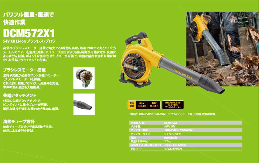 日本正規品 デウォルト 54V Flexvolt ブロワー 風力190km/h 風量11m3/分 先端アタ...