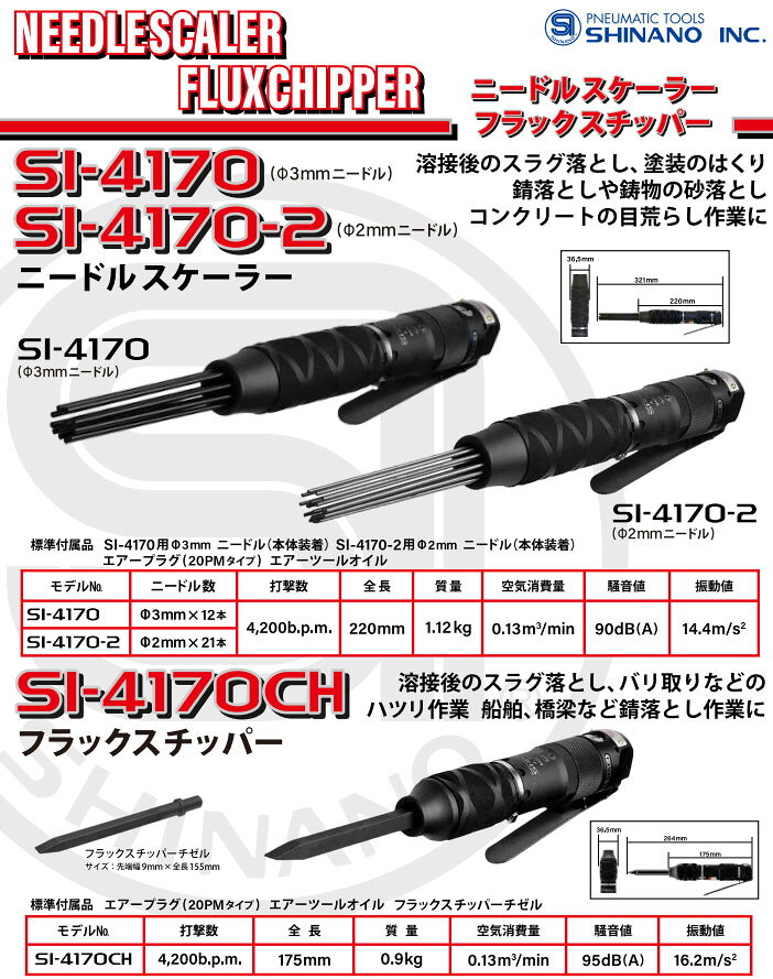 信濃機販 ニードルスケーラー φ3mm×12本 ストレートタイプ エアータガネ (SI-4170)...