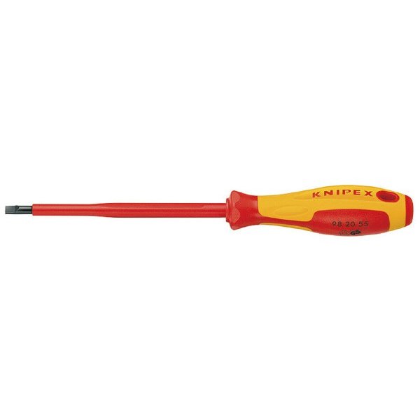 ※パッケージレスの業務用商品です。 材質はクロムバナジウムモリブデン鋼。 DIN EN/IEC60900基準に適合。 二種類の素材から成る1000V絶縁ハンドルは赤と黄のツートンカラーを採用することで、非絶縁ツールとの差別化を図っています。 先端部は黒く表面処理されています。 疲労が少なく手を保護しながら力を伝達できるように人間工学に基づき考案された、2種類の材質からなる最適なハンドル。 ツールが転がりにくいハンドルデザインです。 マイナスネジ用。 【仕様】 ハンドル仕様：1000V絶縁(VDE絶縁テスト済み) 先端幅(mm)：5.5 先端厚み(mm)：1.0 軸長(mm)：125 非絶縁ブレード部の長さ(mm)：15 ハンドル長(mm)：107 全長(mm)：232 質量(g)：69 メーカー名：KNIPEX（クニペックス） メーカー品番：9820-5.5 商品名：9820-5.5 (-) 絶縁ドライバー 1000V JANコード：4003773024224 【ブランド紹介】 KNIPEX（クニペックス） 1882年にドイツのヴッパータールで創業されたプライヤー専門メーカー。「Made in Germany」の高品質を象徴するブランドとして世界中で長く信頼されている。 人気のカテゴリ 新商品 今月の特価品 オリジナル商品 ワケあり特価品