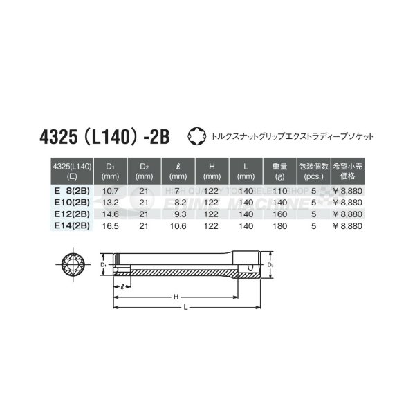 コーケン 4325-L140-2B-E12 12.7sq. ハンドソケット トルクスナットグリップエクストラディープソケット Ko-ken 工具 山下工業研究所