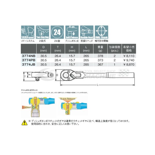 コーケン 3774JB 9.5sq. ハンドソケット プッシュボタン式首振りラチェットハンドル Ko-ken 工具 山下工業研究所