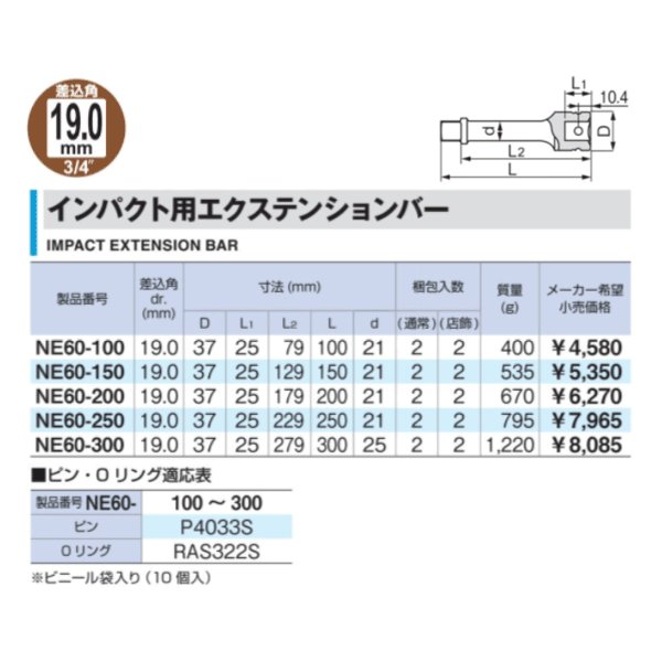TONE インパクト用エクステンションバー 差込角19.0mm 全長150mm (NE60-150)(4953488267808) トネ