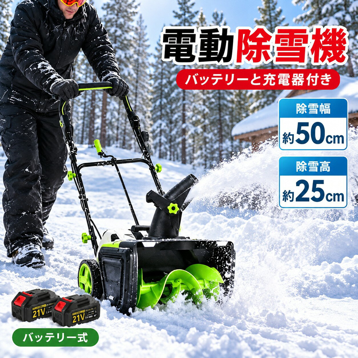 商品情報【仕様】電池数量: 2個(オプション)材質: ABS電圧: 約40V、50/60Hz速度: 約3500rpm掃引幅: 約30cm掃引深さ：約15cm最大リフト：約80cm 商品重量: 約12kg商品寸法：約54x52.5x40.5cm【高効率除雪性能】この電動除雪機は、50cmの除雪幅と25cmの除雪深さで、大部分の積雪を効率的に取り除くことができます。家庭用に最適な除雪機として、道路や車道、小規模な商業施設、学校、住宅地など、あらゆる環境に対応します。従来の手動スコップや除雪スコップ 電動と比較して、電動除雪機 スコップは作業効率を大幅に向上させ、時間と労力を節約できます。電動除雪機を使用することで、広範囲の除雪作業も簡単にこなせます。【180°可調整吹雪方向】この電動除雪機は、180°の吹雪方向調整機能を搭載しており、除雪した雪を簡単に指定した場所に飛ばせます。手動で方向を調整する手間を省き、便利な電動スコップ機能で作業がスムーズになります。除雪機 電動ならではの操作性で、除雪機を何度も移動することなく、正確に雪を飛ばせるので、家庭用除雪機としても非常に便利です。【軽量 &amp; 使いやすい設計】軽量でコンパクトなデザインにより、小型除雪機として、女性や高齢者でも簡単に操作できます。除雪機 家庭用に最適な設計で、電動除雪機 スコップのような簡単な操作で、誰でも手軽に使えます。電動スコップとしても、非常に効率的に作業ができます。人間工学に基づいたハンドル設計で、長時間使用しても疲れにくく、作業が快適です、わずか12.15kgの軽量ボディにより、作業中や収納時の移動も簡単。女性や高齢者でも扱いやすい優れた携帯性を備えています。操作が簡単な手押しタイプ、手押しで操作できるシンプルなデザイン。初心者から経験者まで、誰でも直感的に扱える設計で、体への負担を最小限に抑えます。【急な雪にも迅速対応】コンパクトで軽量な設計により、急な積雪でもすぐに取り出して使用可能。素早く状況に対応できます。家族全員で使いやすいデザイン、簡単操作で家族みんなが使いやすい設計。日々の除雪作業を家族で分担し、効率的に進められます。シンプルなメンテナンス、使用後のメンテナンスも簡単。ロータリー部分を軽く拭くだけで清潔を保ち、長期間快適に使用可能です。雪国の冬を快適に、日々の雪かきの負担を大幅に軽減する電動除雪機は、雪の多い地域での生活を快適にします。一度使えば手放せません。【大容量リチウムバッテリー &amp; 高性能この電動除雪機】コードレスは、充電式のリチウムバッテリーを搭載し、3500Wの強力な出力を提供します。除雪機 充電式で、バッテリー1回の充電で長時間使用でき、ガソリン不要でクリーンに使用できます。電動除雪機は、ガソリン駆動式の除雪機よりも低騒音で、環境にも優しいです。大容量バッテリーを搭載しており、広範囲の除雪作業にも対応可能です。家庭用から小規模な商業施設まで幅広いニーズに応えます。【暗い時間帯の作業も安心の双LEDライト付き】この電動除雪機は、双LEDライトを搭載しており、夜間や暗い場所でも道をクリアに照らします。最大7.6mの射程距離で、広範囲の除雪が可能です。さらに、除雪スコップ 電動と電動除雪機 コードレスの機能により、積雪や砂を効率的に掃除できます。2つのバッテリーが付属し、長時間の使用が可能。電動除雪機として、低騒音設計で周囲への影響を最小限に抑え、どんな場所でも使用できます。【誰でも扱いやすい手押しタイプ】自走式ではない手押しタイプなので、ご自身のペースでゆっくりと作業を進められます。適度な重量が安定感を生み、軽い力でまっすぐ押し進めることができます。【安心安全設計】PSE認証済みで品質保証。安全起動装置（ダブル操作式）で誤作動を防止。作業中にハンドルを離すと即停止。過負荷保護機能搭載で、最大48時間連続稼働も可能です。除雪機 手押し式 充電式 電動除雪機 コードレス除雪機 小型 家庭用 LEDライト付き 除雪器具 軽量 雪かき 電動スコップ 安全スイッチ 除雪器具 大容量バッテリー 除雪高25cm 除雪幅50cm 最大投雪距離7.6m 降雪 清掃 投雪 駐車場 PSE取得 電動除雪機 自走式 家庭用 簡単操作で新雪・ベタ雪もラクラク除雪 軽量・静音・環境に優しい充電式除雪機 降雪 清掃 快適 玄関 除雪用品 をお探しの方に 除雪機 180°吹雪方向調整 5
