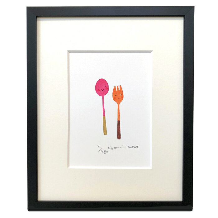 【直筆サイン入り版画】 五味太郎 スプーンとフォーク サイン入り サイン 版画 絵画 絵 インテリア グッズ