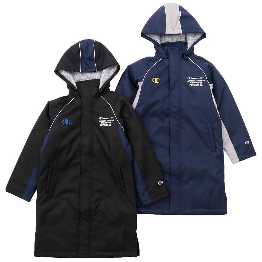 Champion チャンピオン ロゴ ベンチコート | 子供 キッズ ジュニア 130 140 150 160 ベンチ ロング ロングコート かっこいい 子供服 小学生 男の子 女の子 スポーツウェア スポーツ ブランド 黒 紺 秋 冬 ボーイズ boy サッカー フットサル テニス 観戦