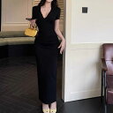 きれい 細身 ヒップスカート 半袖 伸縮性 大人可愛い スマート かわいい スリム ロングスカート Vネック セクシー ロング 襟なし