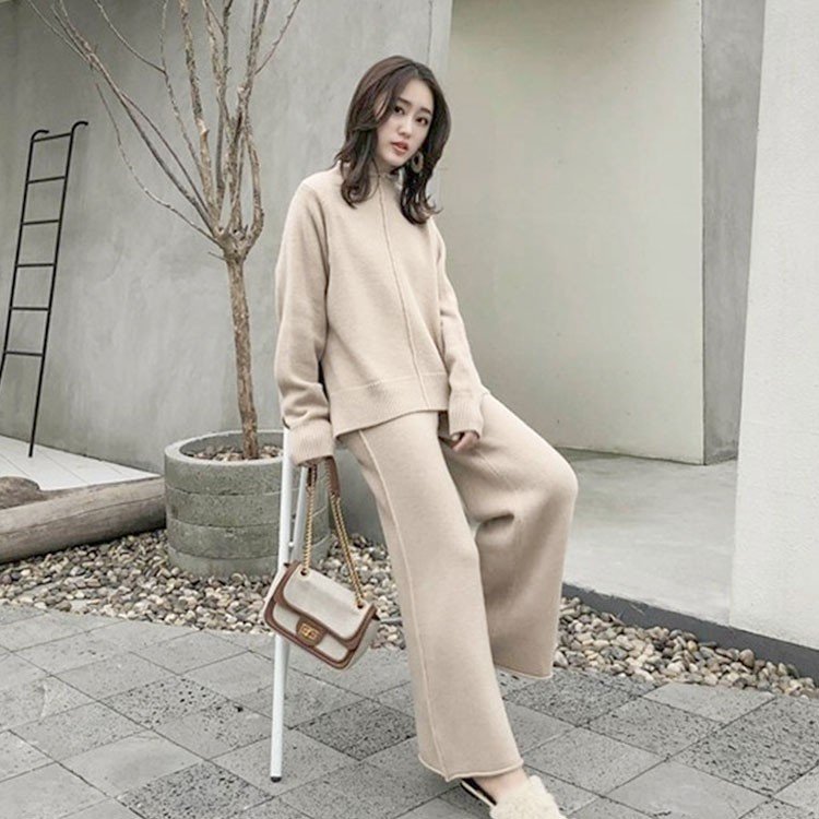 ワイドパンツ ハイネック セットアップ 秋冬 ニットトップス セーター 40代 ゆったり シンブル レディース 長袖 きれい ニット