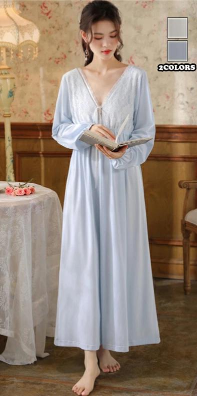 長袖 Vネックレディースパジャマ 部屋着 寝巻き レース ナイトウェア おしゃれ 可愛い ルームウェア ゆったり ロマンティック 綿