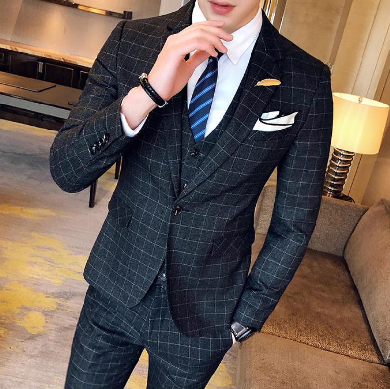 メンズファッション紳士スーツセットカジュアルスーツスリムフィットスーツ3点セットチェック柄テーラードジャケットビジネスス
