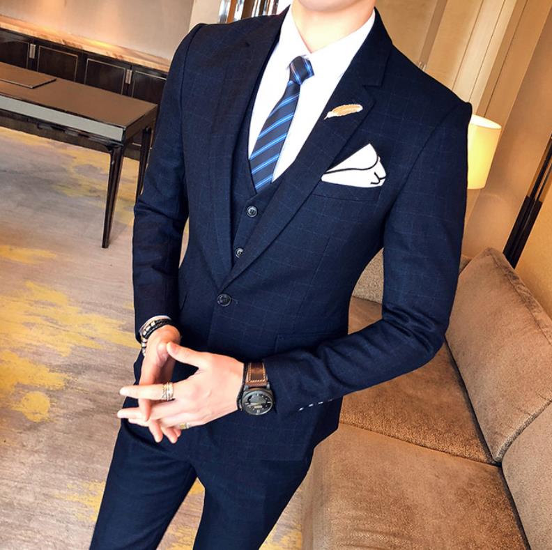 メンズファッション紳士スーツセットカジュアルスーツスリムフィットスーツ3点セットチェック柄テーラードジャケットビジネスス