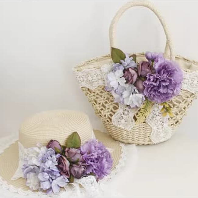 麦わら帽子 紫 パープル セット 夏バッグ カゴバック 花 お花 リボン フラワー 軽量 レース かごバック カゴバッグ ナチュラル