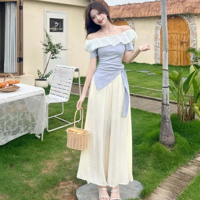 オフショルダー 水色 トップス 黒 黄色 ブラック イエロー 半袖 アシンメトリー ワイド セッ ブルー スーツ ロングパンツ フリル