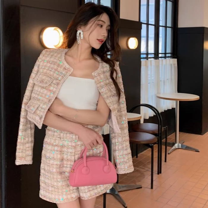 セットアッ ピンク スパンコール ショートパンツ スーツ レディース ツイード ベルト ハイウエスト ジ..