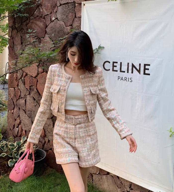 セットアッ ピンク スパンコール ショートパンツ スーツ レディース ツイード ベルト ハイウエスト ジャケット 長袖 ノーカラー