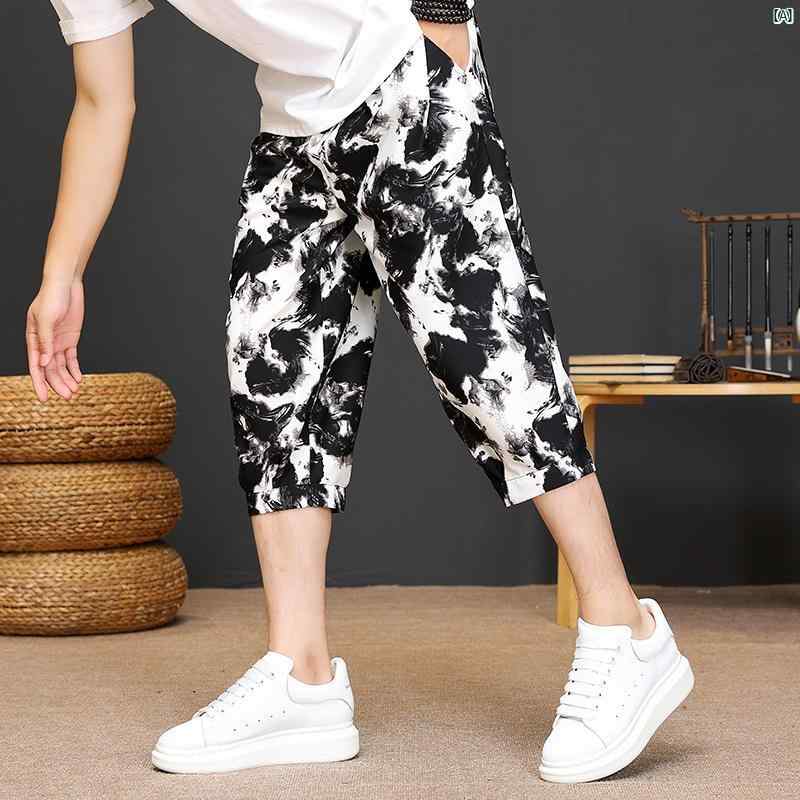 中華風 クロップドパンツ ショート パンツ 夏 七分丈 ミッド 中国 メンズ プリント 脚 薄手 カジュアル..